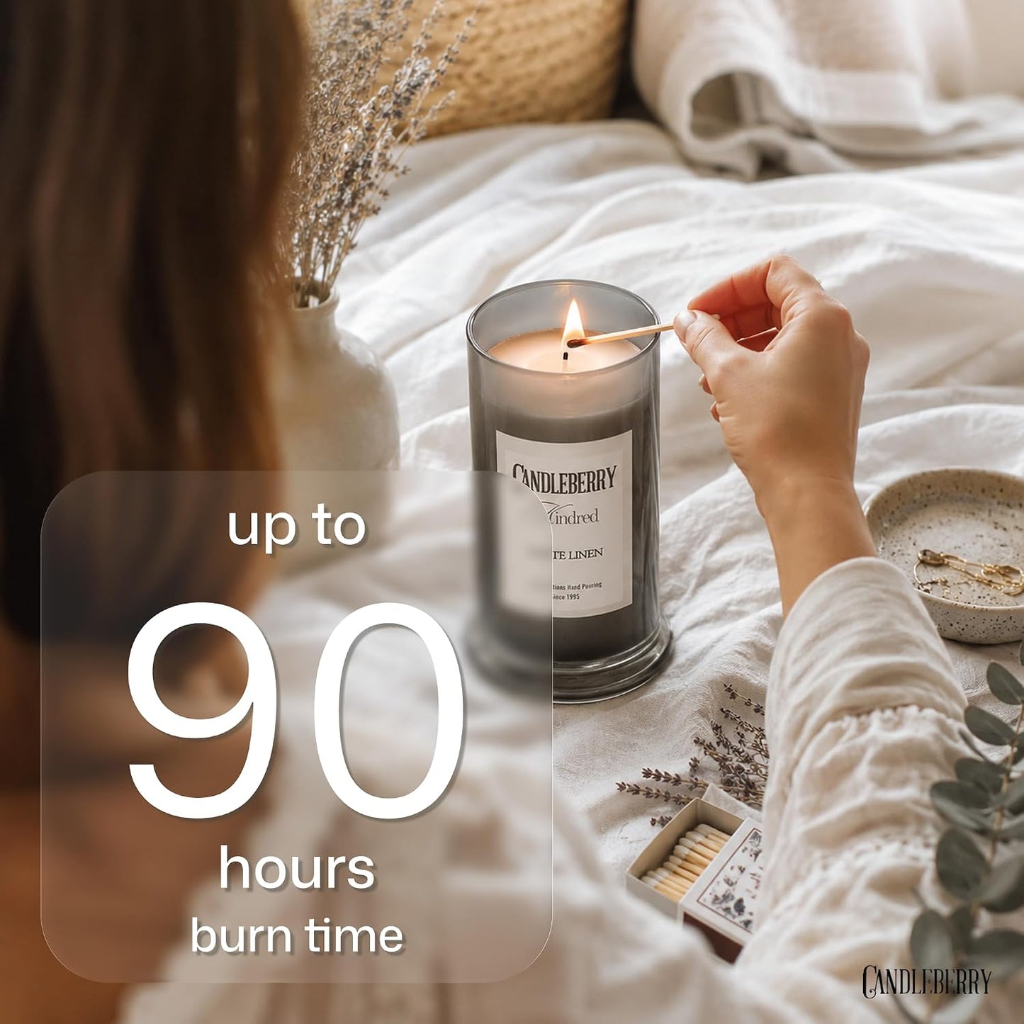 Candleberry Candles Kindred Spring Summer Collection | Luxury Glass Jar | USA Hand Poured Soy Blend Candle | Highly Scented & Long Lasting | Up to 90 Hour Burn Time (White Linen)