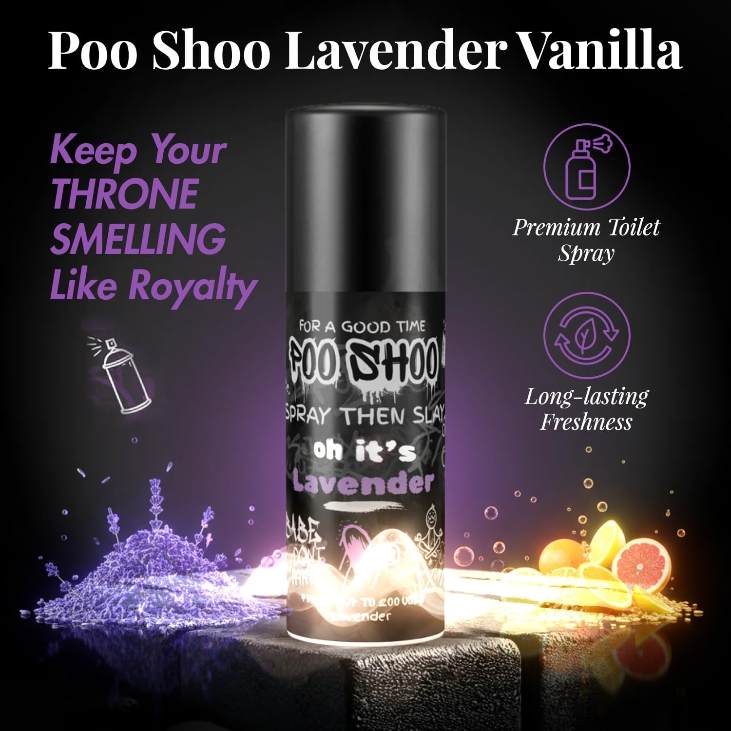 Pooshoo Lavender Vanilla Before You Go Toilet Spray - Bathroom Odor Eliminator Traps Odors & Leaves A Fresh, Soothing Fragrance - Poop Spray for Home & Travel - 2oz