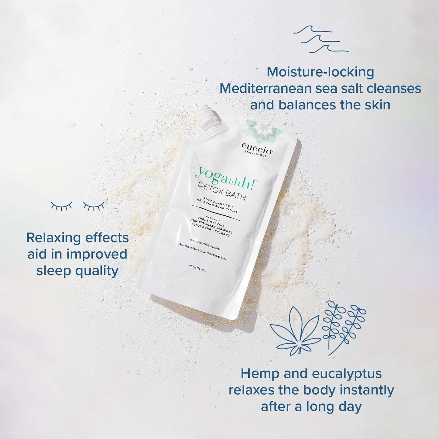 Cuccio Somatology Yogahhh! Detox Bath - Post Workout Relaxing Body Soak - Regenerate Tired & Sore Muscles - Anti-aging Vegan Formula - Epsom Salts, Goji Berries, Eucalyptus, Greek Mastiha - 16 oz