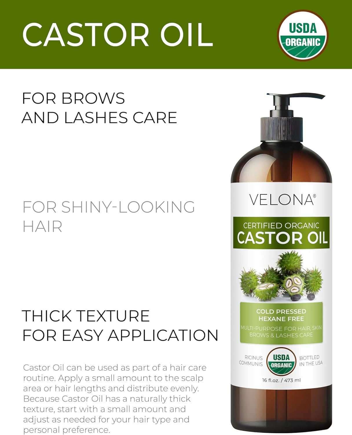 velona USDA Certified Organic Castor Oil - 16 fl oz (With Pump) | For Hair, Eyelashes, Eyebrows | Cold pressed, Natural Oil, USP Grade | Hexane Free, Lash Serum, Caster