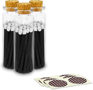 2" Black & White Tuxedo Safety Matches | 3 Glass Bottles Each with Cork Top, Striker & 20 Matchsticks by Thankful Greetings (60+ Total) | Decorative Unique & Fun Set for Your Home, Gifts, & Events