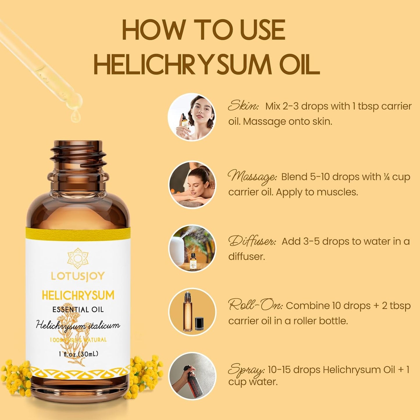 Helichrysum Essential Oil 1 Oz – 100% Pure & Natural – Helichrysum Oil for Bruising, Skin, Aromatherapy, Massage & DIY Use