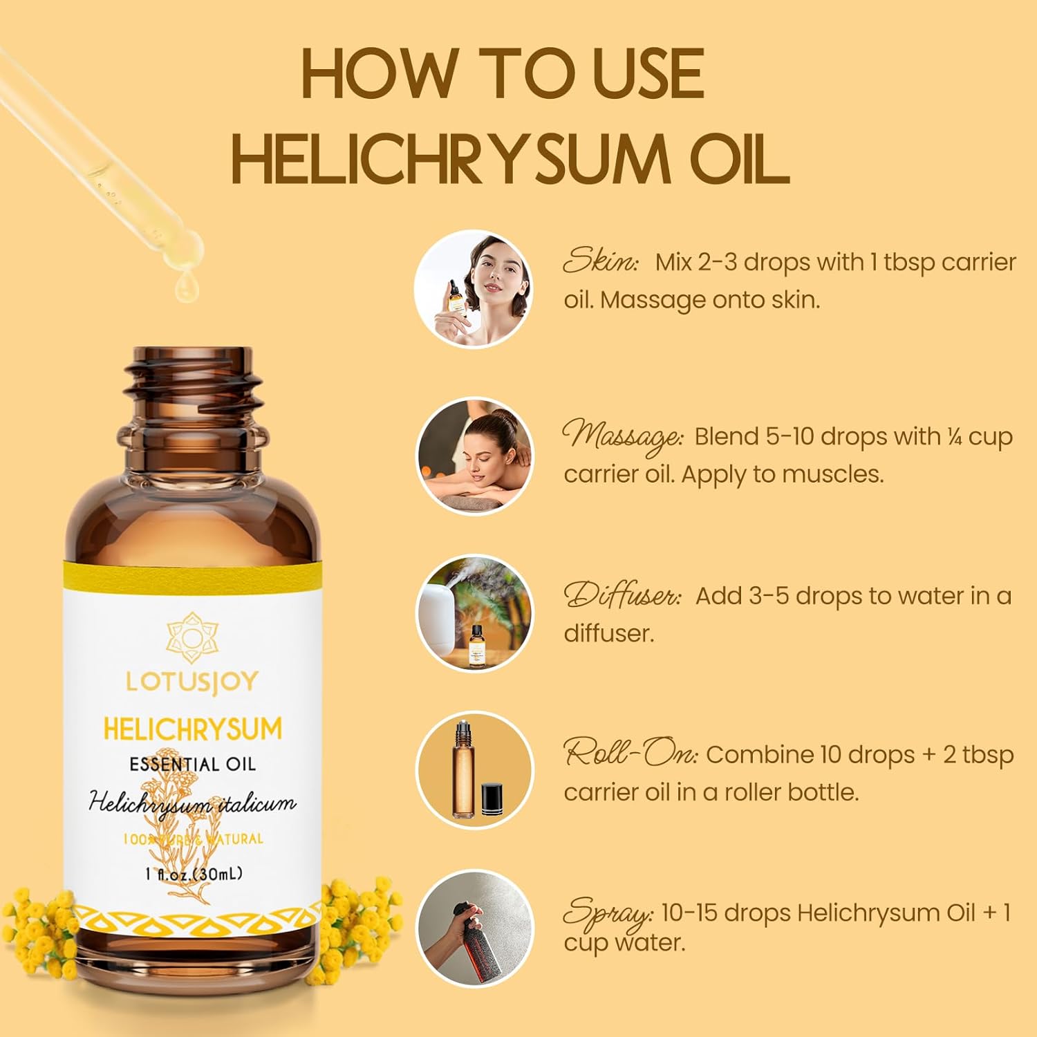 Helichrysum Essential Oil 1 Oz – 100% Pure & Natural – Helichrysum Oil for Bruising, Skin, Aromatherapy, Massage & DIY Use