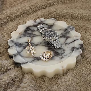 Natural Small Calacatta Viola Marble Tray 6.3", Round Scalloped Tray for Nightstand Dresser, Jewelry Tray for Women's Gift
