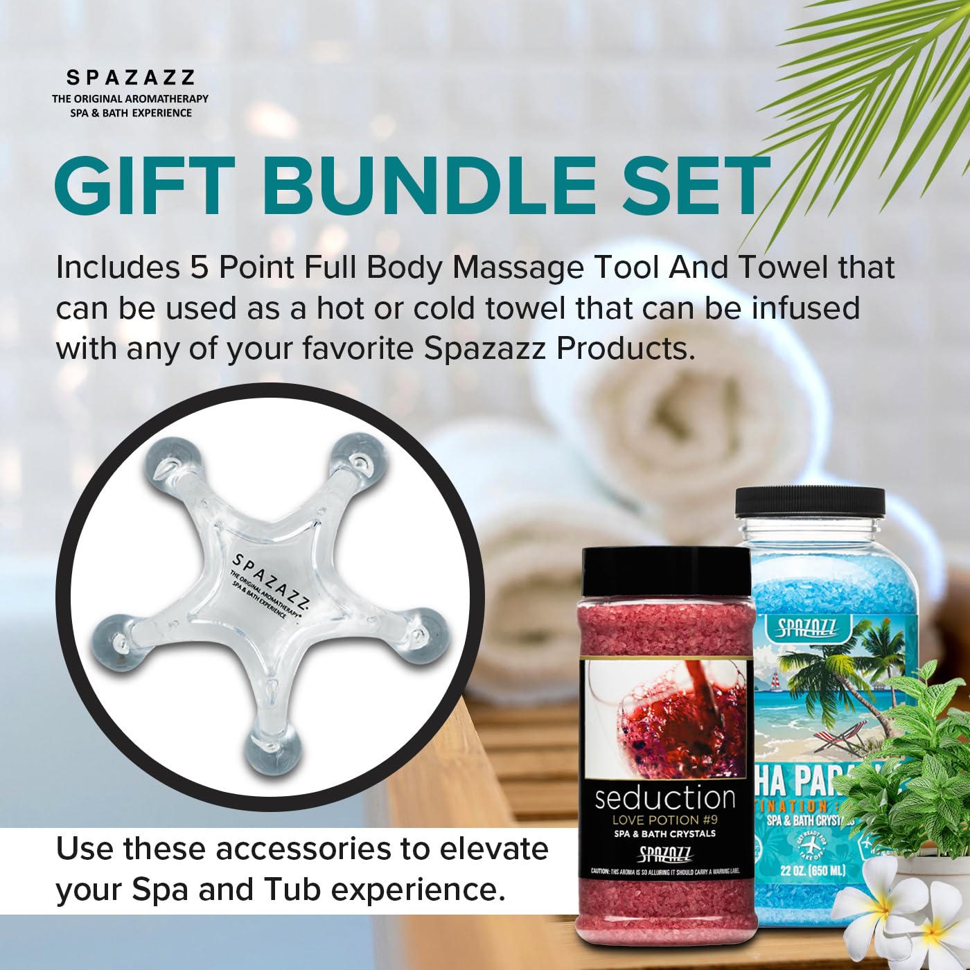 Spazazz Spa Aromatherapy Crystals for Hot Tub -Couples Gift for Love, Romance, Anniversaries -Love Potion #9 Seduction 17oz -Destinations Hawaii Aloha Paradise 22oz with 5 Point Full Body Massage Tool