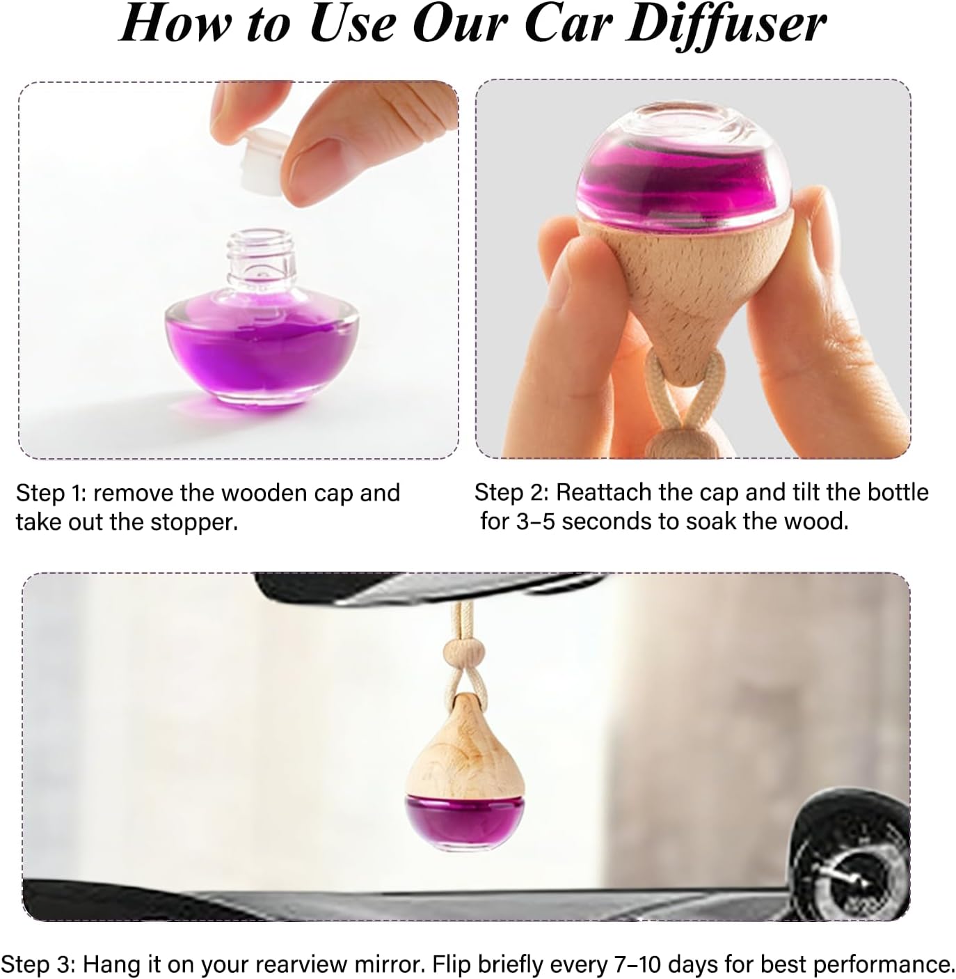 Car Air Freshener in Glass, Refillable Car Essential Oil Diffuser Lavender Scent – Reusable Fragrance Diffuser for Auto Odor Eliminator & Interior Decoration for Fresh and Relaxing Driving-2 Pack