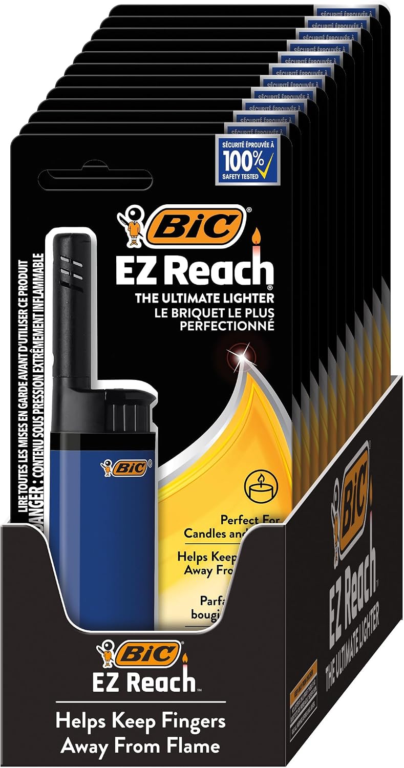 BIC EZ Reach Candle Lighter, The Ultimate Lighter with Wand for Candles, Assorted Designs, 12 Count Pack of Lighters