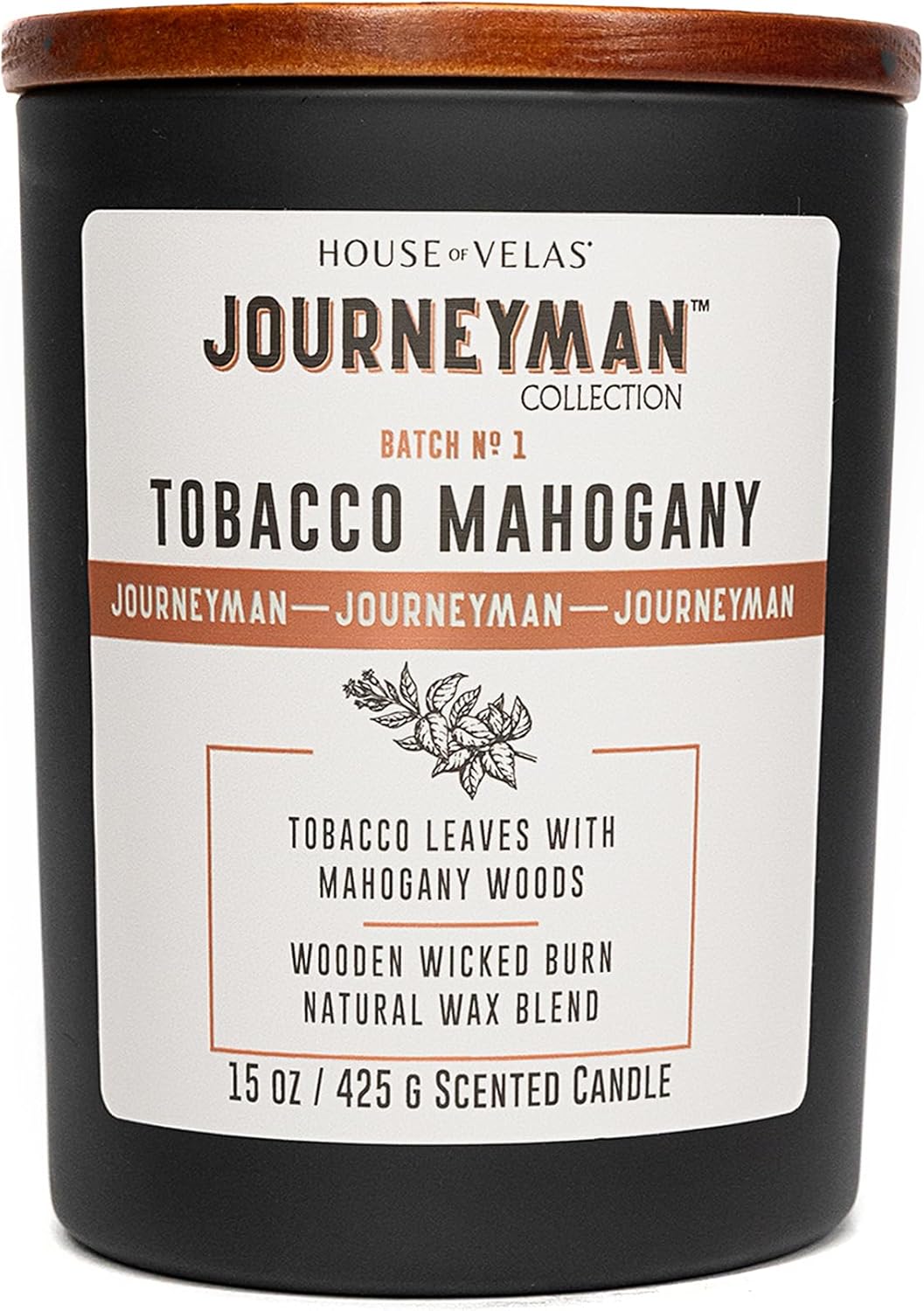 House of Velas Journeyman Collection Candle, 15oz, Wooden Wick, Tobacco Mahogany, Large Painted Jar