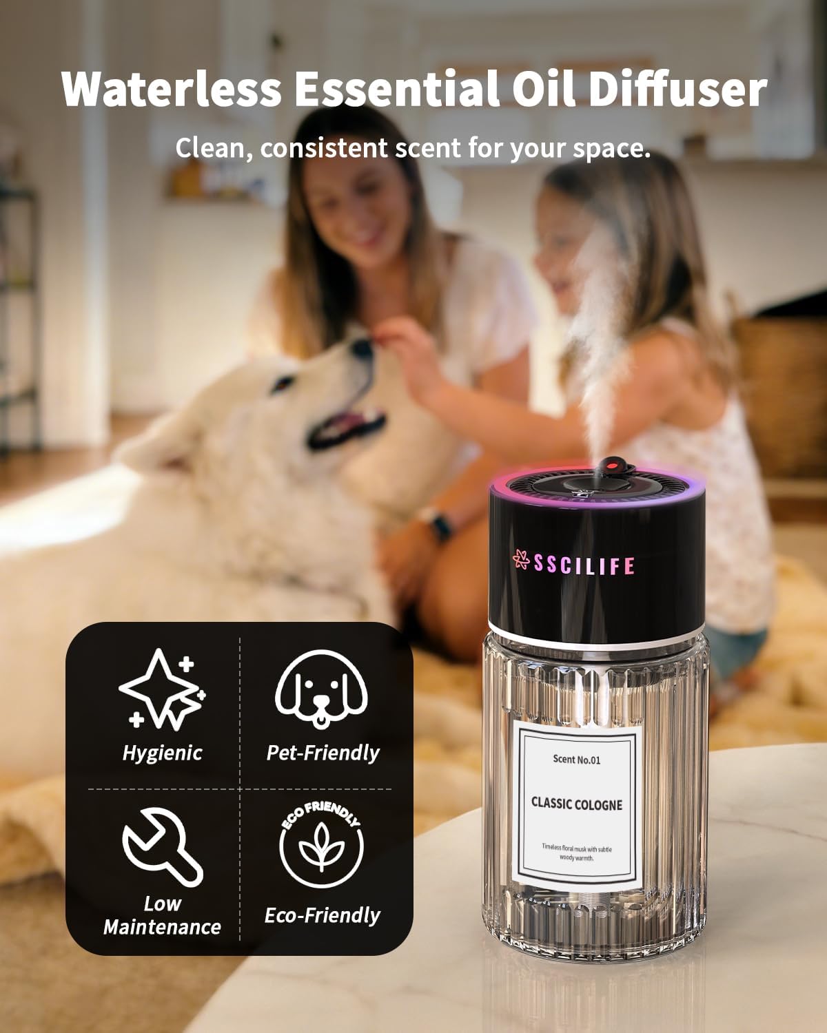 Smart Car Air Freshener Diffuser, Auto On/Off Car Aroma Diffuser, 4 Mist Modes, 120ml Rechargeable Oil Freshener, RGB Music Sync Light, Star Light, Up to 120 Days Use-Classic Cologne Scent