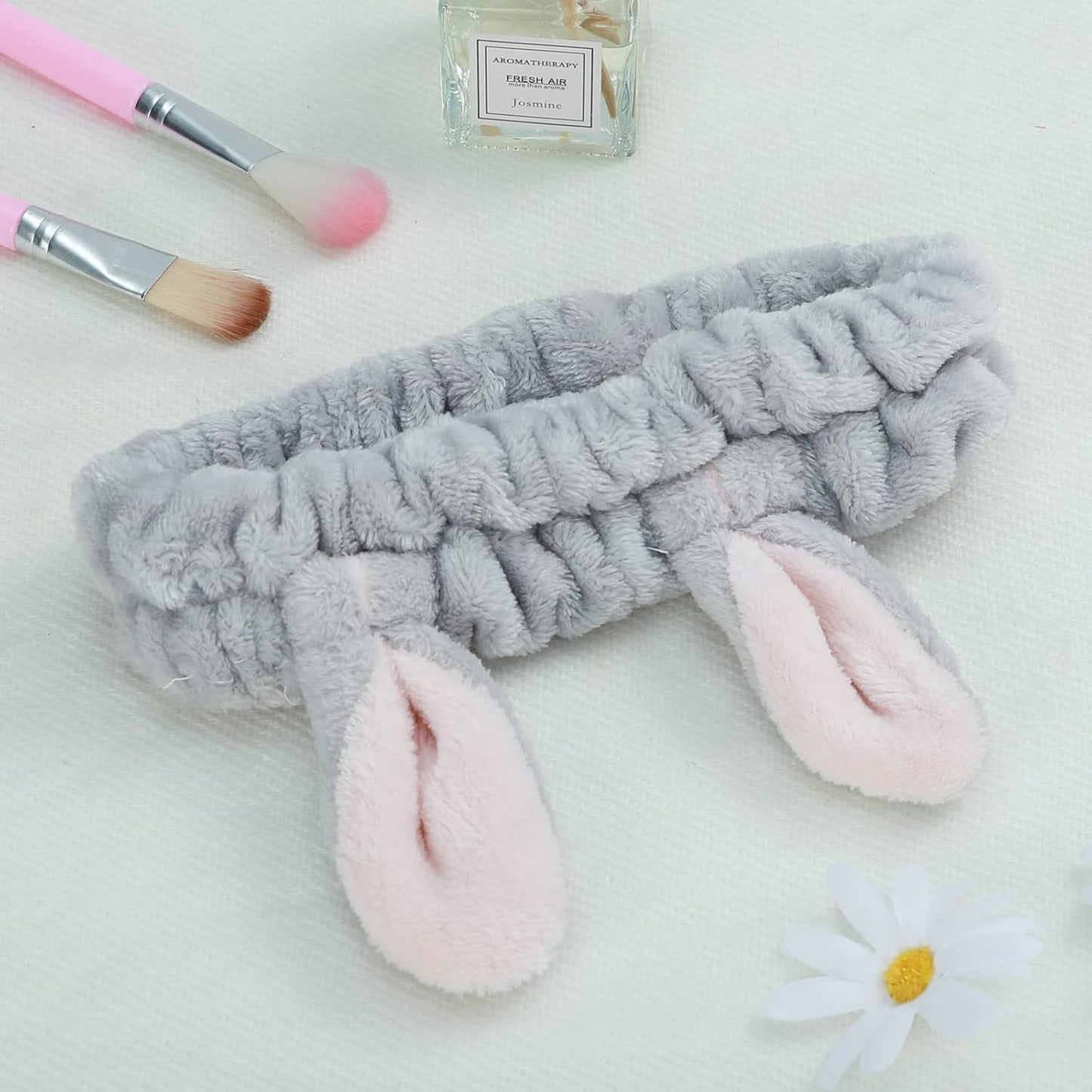 4 Pack Elastic Makeup Headbands for Women, Girls' Soft Flannel Bunny Ears Headbands Head Wraps, SPA Headband Hair Band for Washing Face