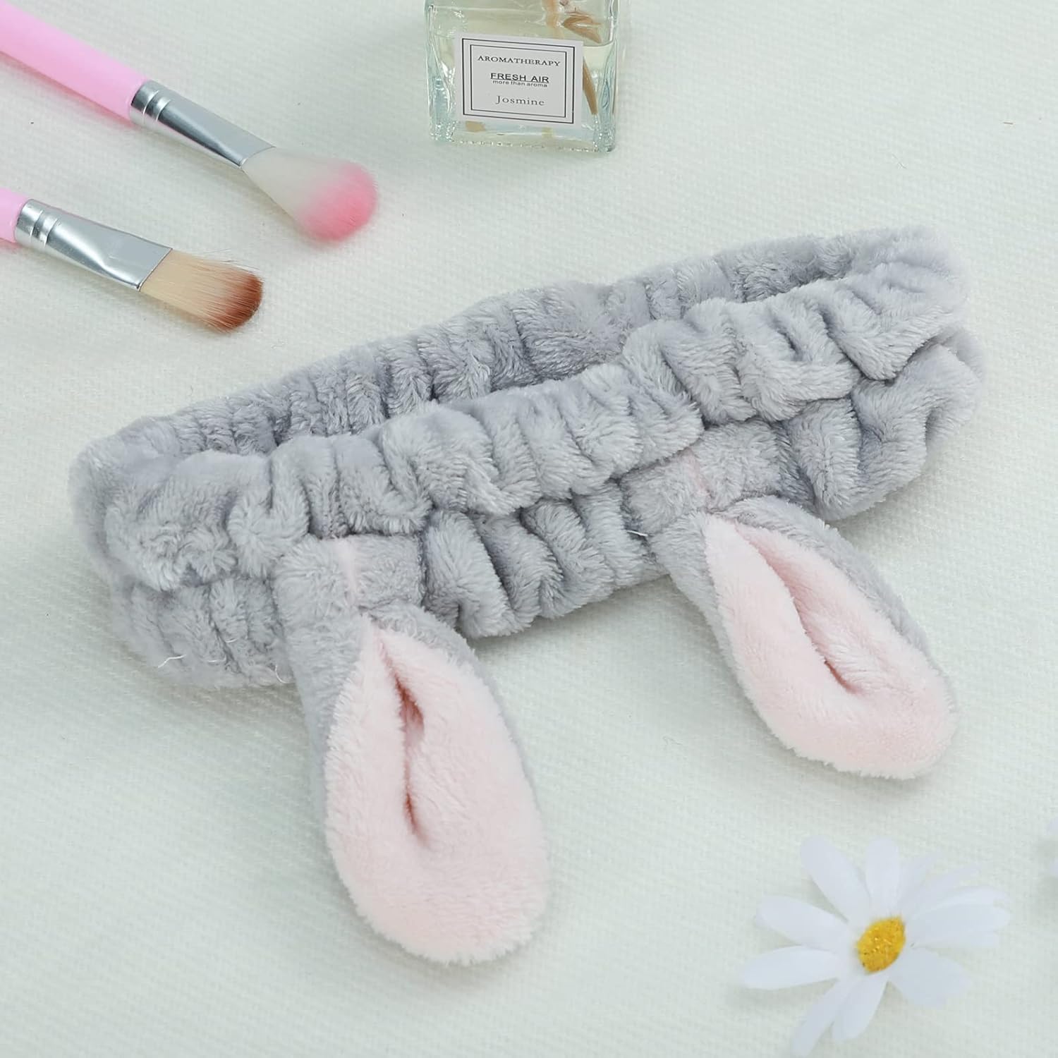 4 Pack Elastic Makeup Headbands for Women, Girls' Soft Flannel Bunny Ears Headbands Head Wraps, SPA Headband Hair Band for Washing Face