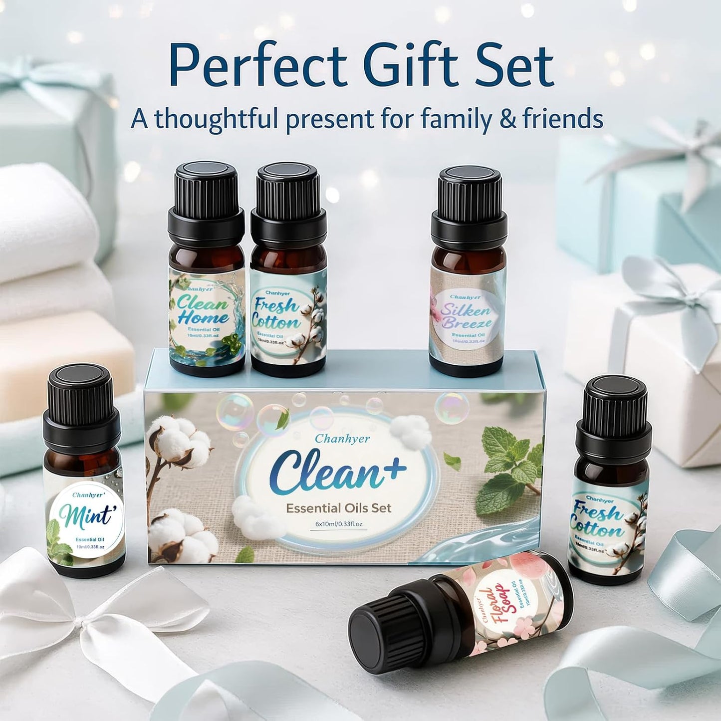 Clean Essential Oils Set 6x10ml-Fresh Linen,Mint,Clean Home,Silken Breeze,Fresh Cotton,Floral Soap for Diffuser,Home Fragrance