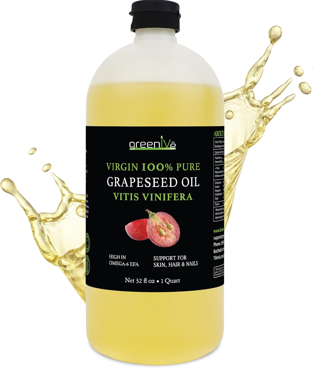 GreenIVe Grapeseed Oil Naturally Grown 100% Pure Cold Pressed Light Flavor High Tempurature Cooking 32oz