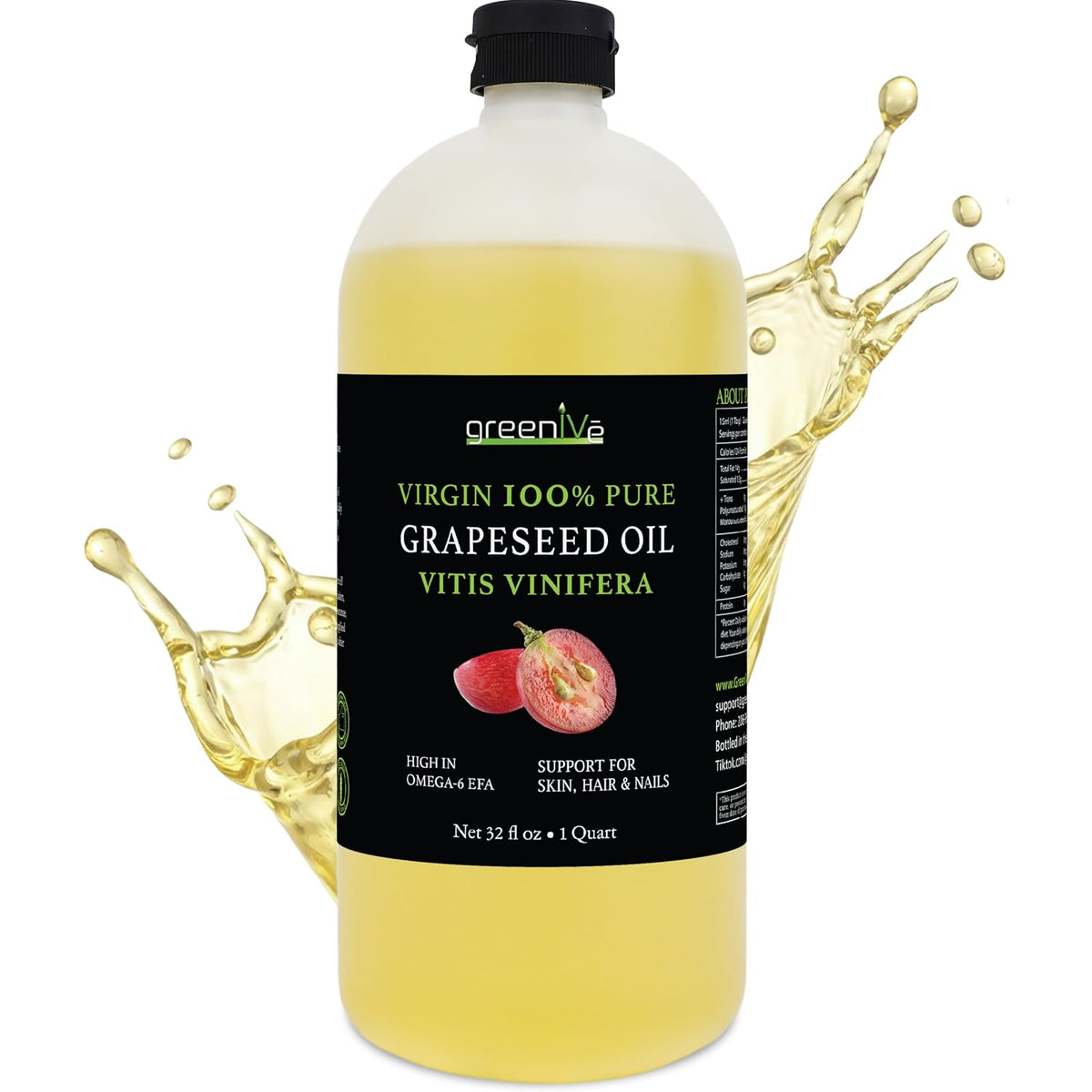 GreenIVe Grapeseed Oil Naturally Grown 100% Pure Cold Pressed Light Flavor High Tempurature Cooking 32oz
