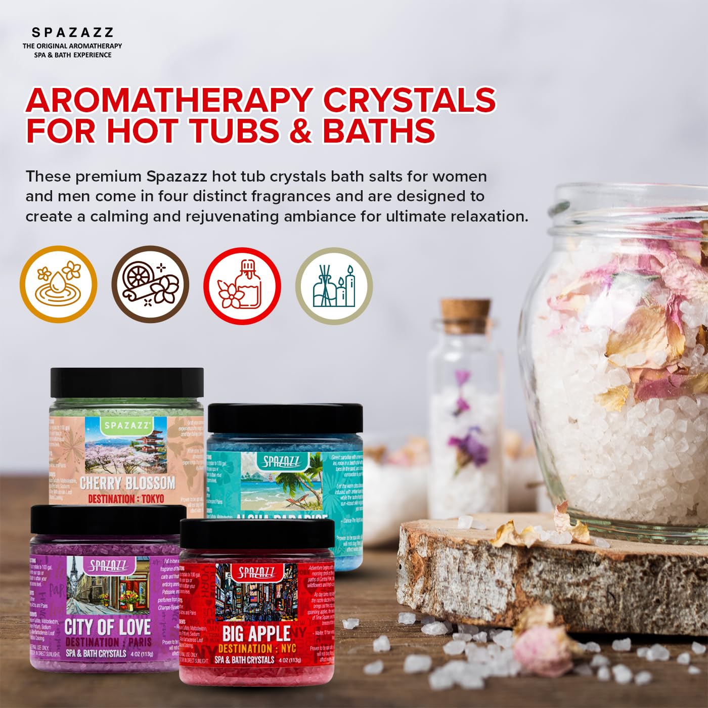Hot Tub & Spa Aromatherapy Bath Salt Crystal Scents Spazazz Destinations Collection Bundle Aloha Paradise, Big Apple, City of Love, Cherry Blossom - Will Not Damage Spas & Hot Tubs (4 oz)