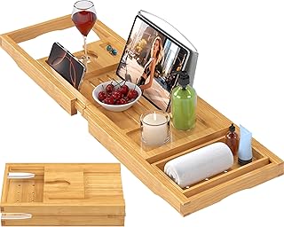 Foldable Bathtub Caddy Tray for Tub,Bamboo Expandable Bath Table Trays,Premium Bathroom Accessories for New Home & Mothers Day & Birthday Gifts for Couples,Natural