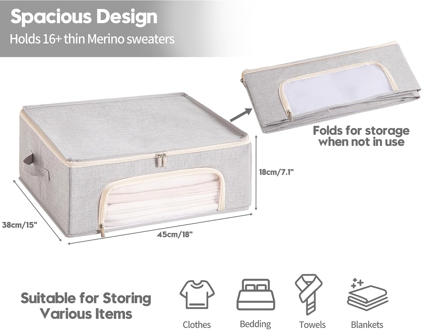 2-Pack Cashmere Sweater Storage Bags with Natural Cedar Blocks, Breathable Clothes Storage Bag with Mesh Window & Handles, Foldable Closet Garment Storage for Cashmere, Wool & Knitwear-Grey