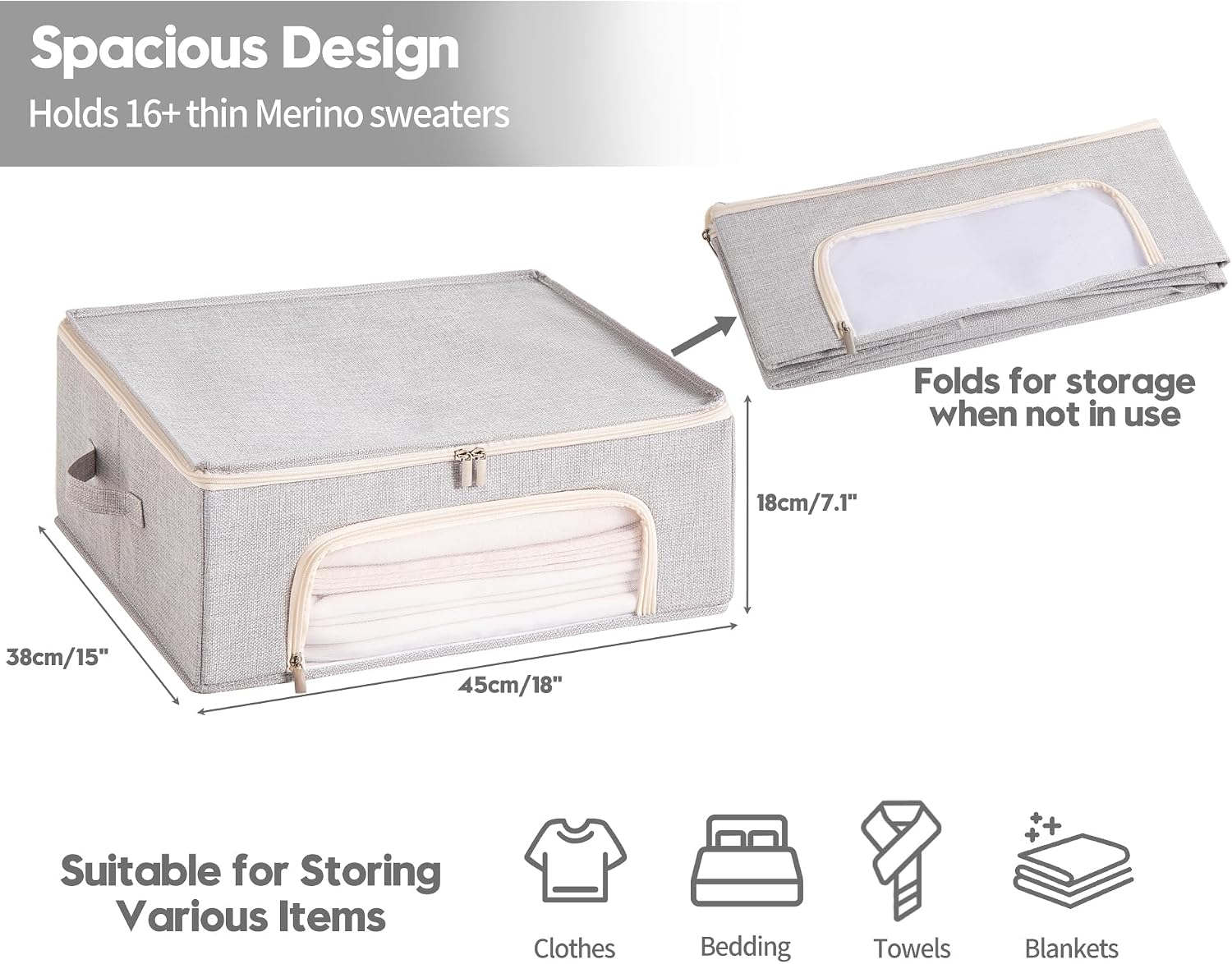 2-Pack Cashmere Sweater Storage Bags with Natural Cedar Blocks, Breathable Clothes Storage Bag with Mesh Window & Handles, Foldable Closet Garment Storage for Cashmere, Wool & Knitwear-Grey