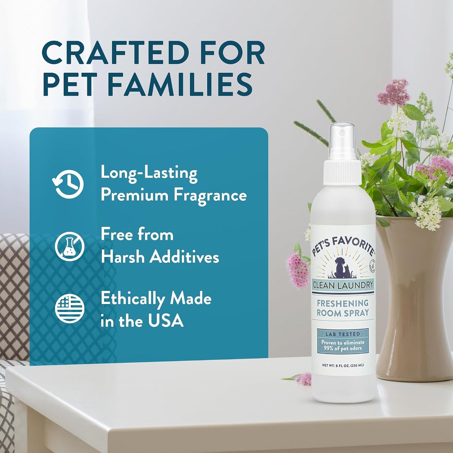 Pet’s Favorite Room Spray 8 OZ Concentrated Air Freshener for Home with a Clean, Light Scent, Common Household and Pet Odor Spray, Clean Laundry - Pack of 1