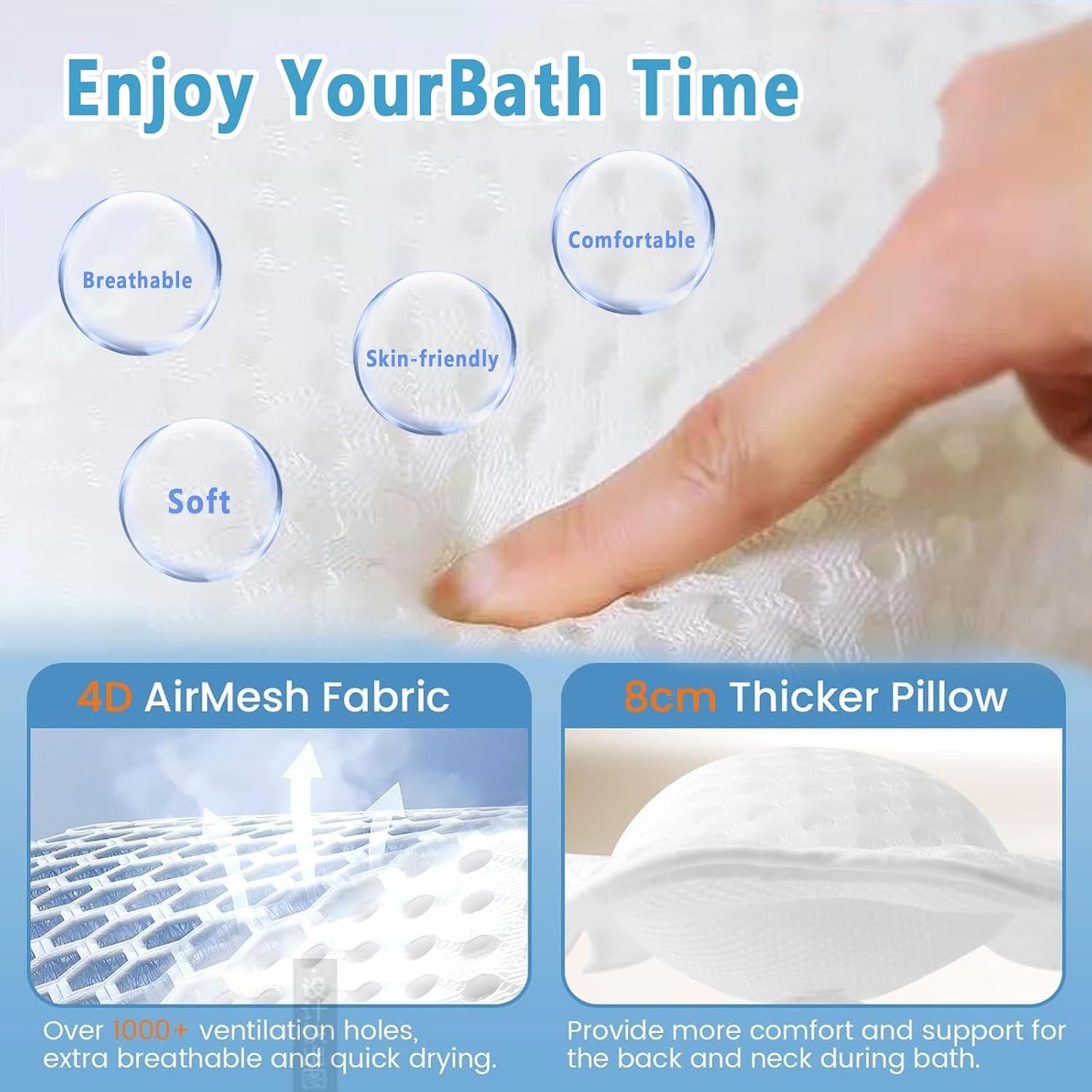 Luxury Bathtub Pillow, 4D Air Mesh Soft Bath Pillows for Tub, Ergonomic Neck & Back Support, Non-Slip Suction Cups Head Neck Support Hot Tub Pillow, Spa Bath Accessories Gift for Women White