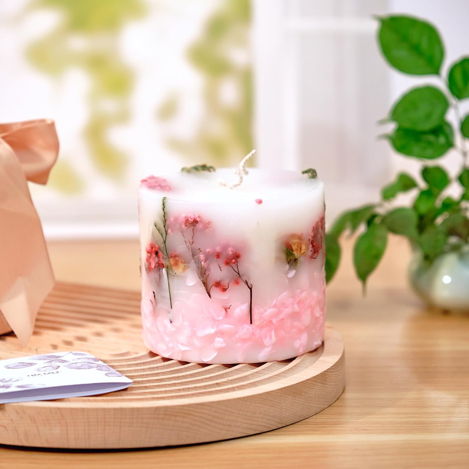 Scented Soy Candle for Women - Long-Lasting Natural Pillar Candle with Dried Flowers - Poured Luxury Candle for Mothers Day Gifts (English Pear & Freesia)