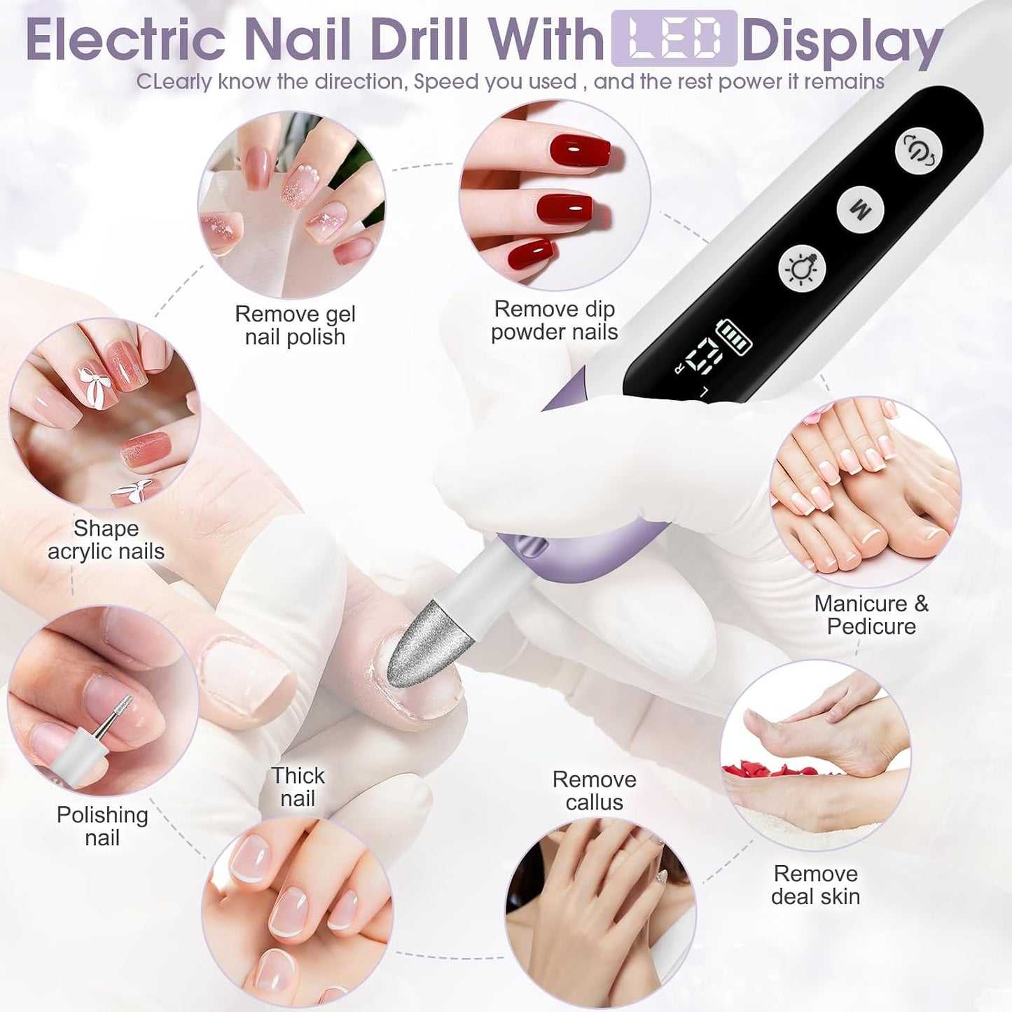 Professional Manicure Pedicure Kit with Case, Cordless Electric Nail File Set with Memory Mode&10 Speed, Portable Nail Drill Pedicure Tools for feet, Hand Foot Care Tool for Thick Nail Toenail Cuticle