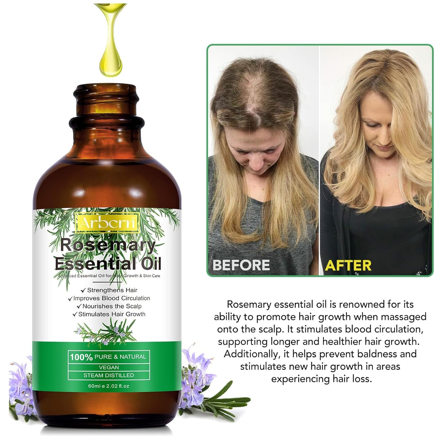 A r b c r n 2 Pack Rosemary Oil for Hair Growth Organic,100% Pure Rosemary Essential Oil for Eyebrow and, colourless