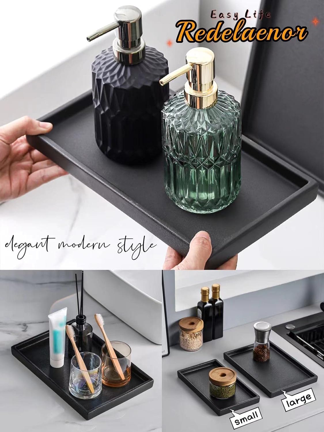 Ceramic Bathroom Sink Tray, Black Graininess Vanity Tray Decor Perfume Trays for Dresser Holder for Jewelry Candle Soap Plant Towel Cosmetic Organizer Rectangle Large
