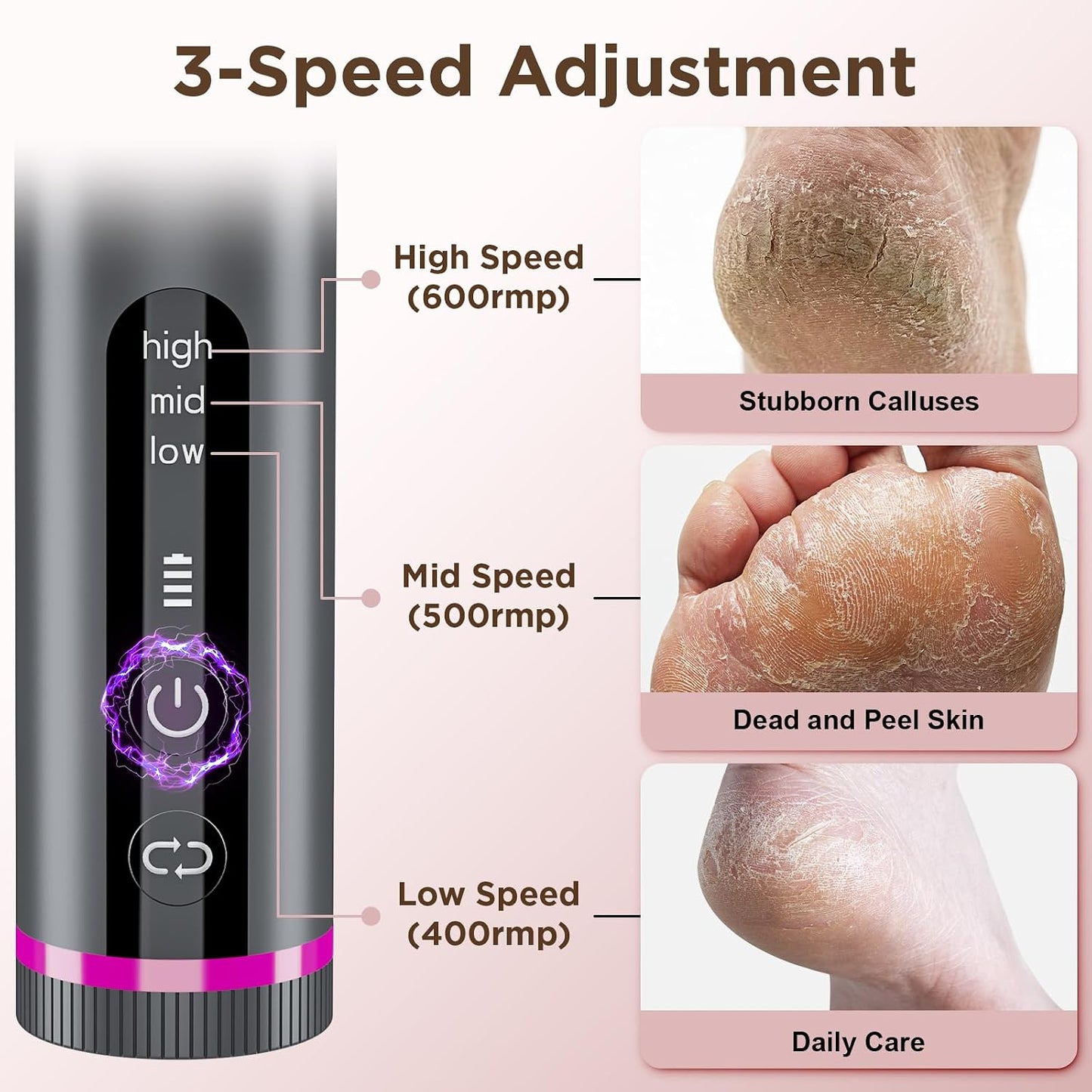 Electric Foot Callus Remover with Nano-Glass Head & 60Pcs Sandpaper Discs, 4 Hours Run Time, Electric Callus Remover for Feet with 3 Adjustable Speeds, Pedicure Tools for Dry Dead Skin Cracked Heels