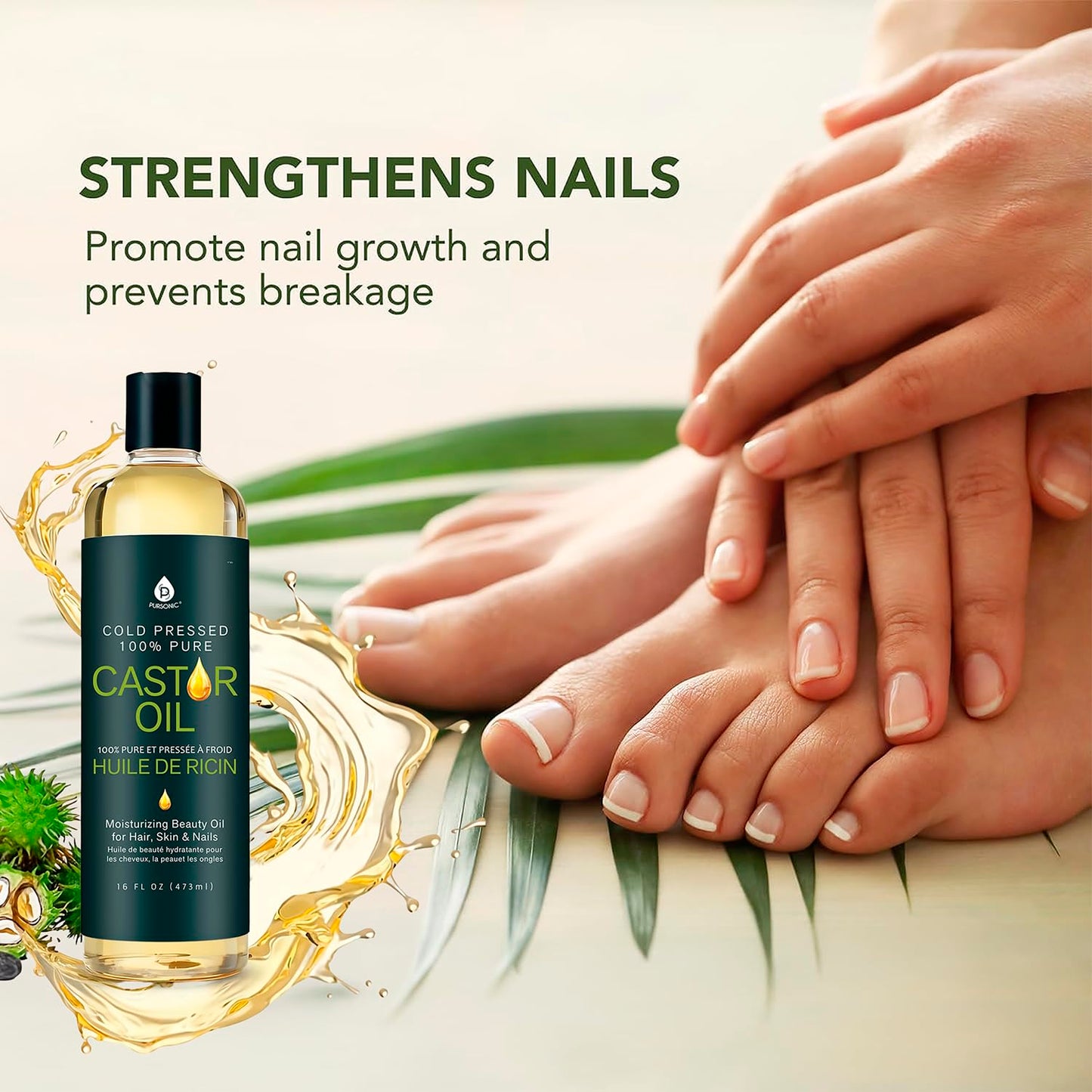 Pursonic Castor Oil (16oz) Cold-Pressed, 100% Pure, Hexane-Free Castor Oil-Moisturizing & Healing, For Dry Skin, Hair Growth - For Skin, Hair Care, Eyelashes