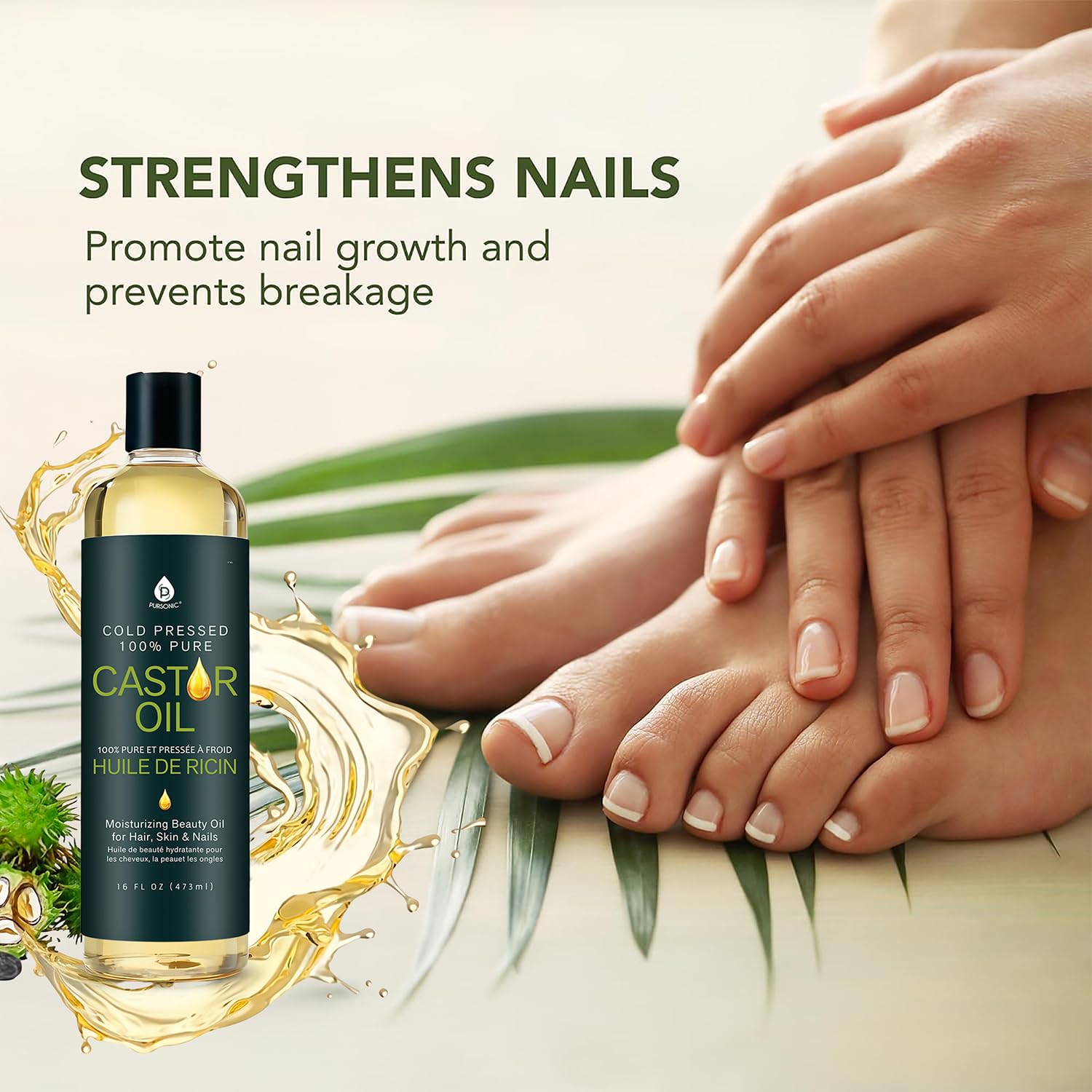 Pursonic Castor Oil (16oz) Cold-Pressed, 100% Pure, Hexane-Free Castor Oil-Moisturizing & Healing, For Dry Skin, Hair Growth - For Skin, Hair Care, Eyelashes