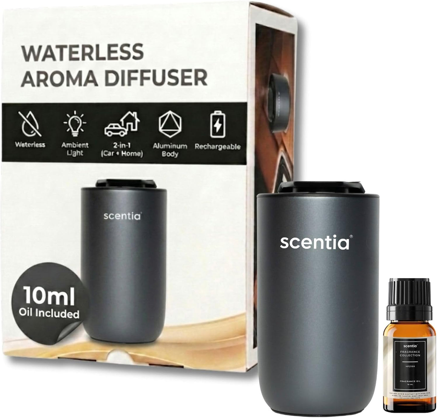 Scentia MiniPod Black Waterless Diffuser for Essential Oil, Smart Car Air Freshener with 3 Mist Levels & 3 LED Light Colors, Auto On/Off Rechargeable, Portable Scent Air Machine