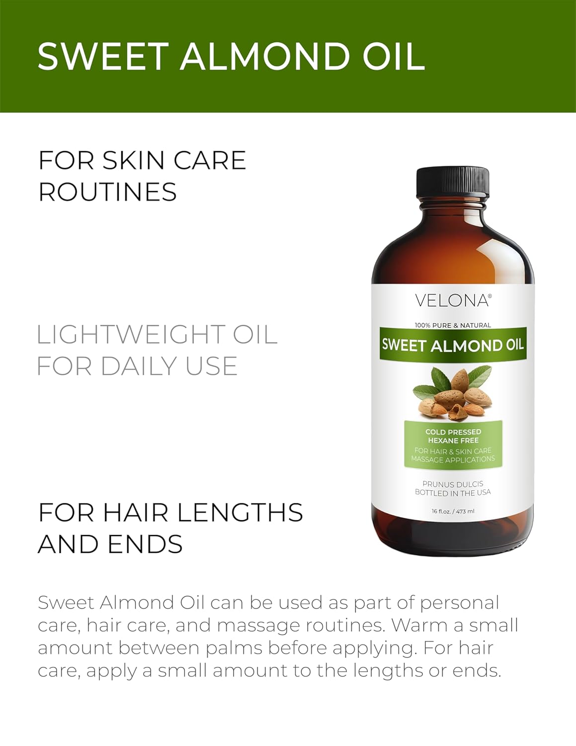 velona Sweet Almond Oil - 16 Fl Oz in Glass Bottle | 100% Pure and Natural Carrier Oil |Cold Pressed | Skin, Hair, Body & Face Moisturizing | Use Today - Enjoy Results…