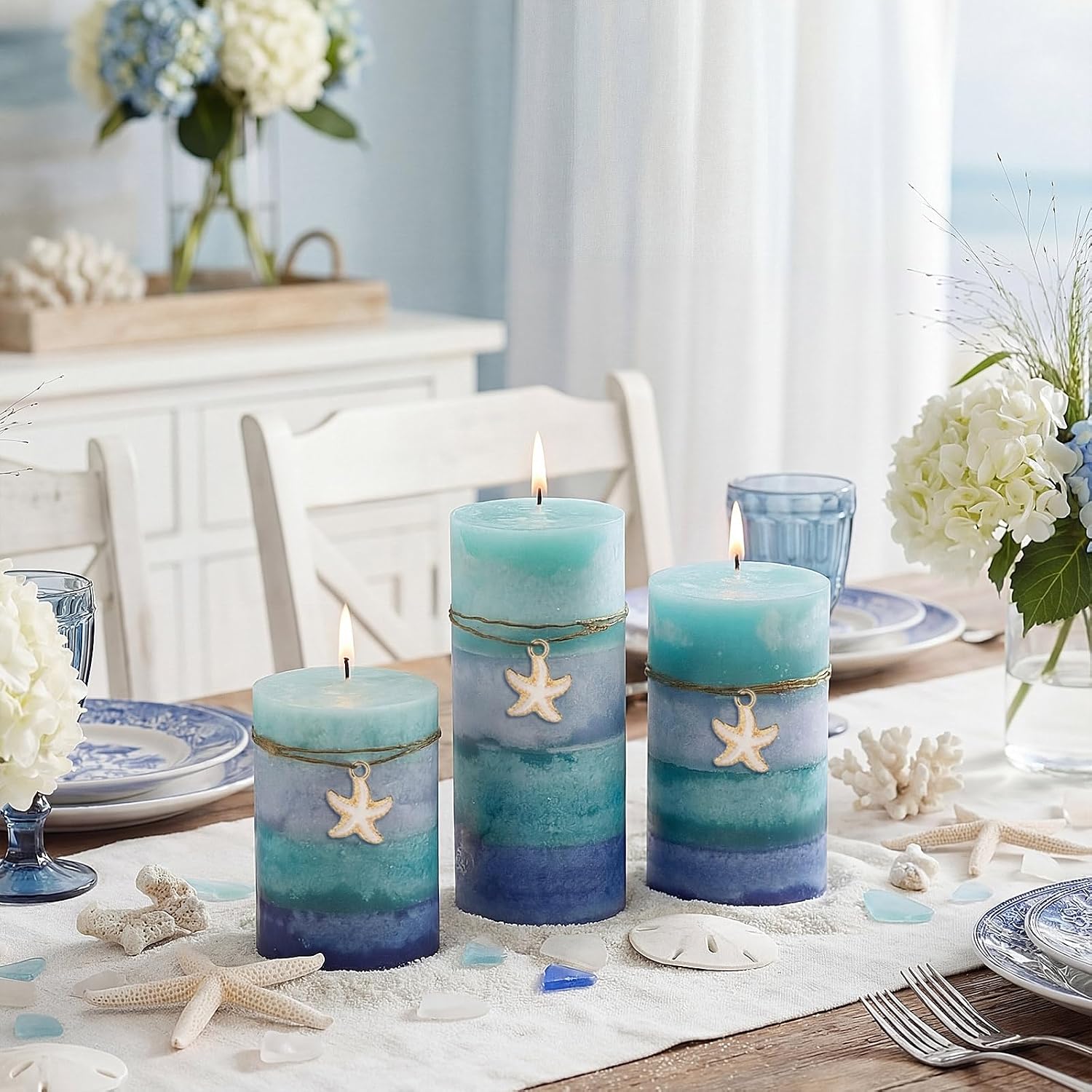 Threlaco Set of 3 Ocean Pillar Candles with Starfish Decorative Blue Pillar Layered Candles Clean Long Lasting with Ornaments for Summer Home Party Room Decor 3 Sizes