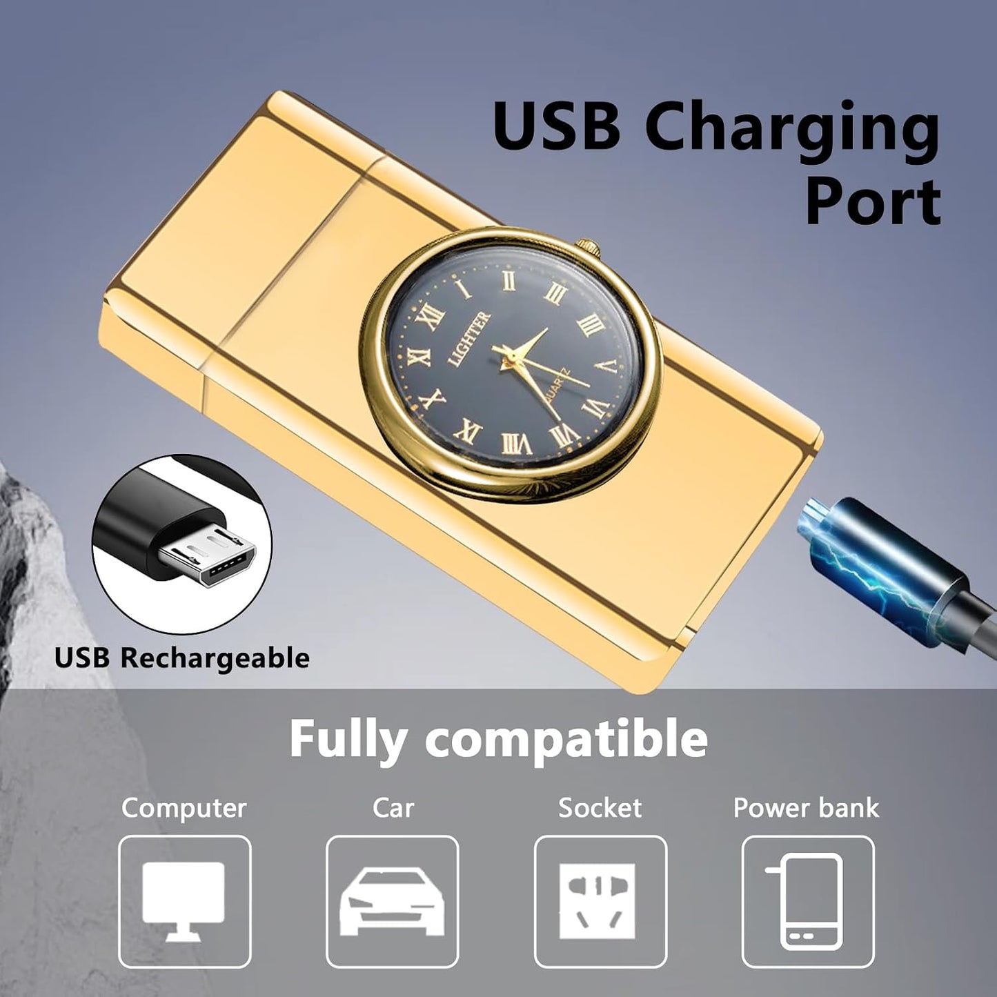 Windproof Dual Arc USB Rechargeable Clock Plasma Lighter with LED Display Lighter for Camping, Hiking, Candles, Barbecues and Outdoor Adventures Carry(Gold)