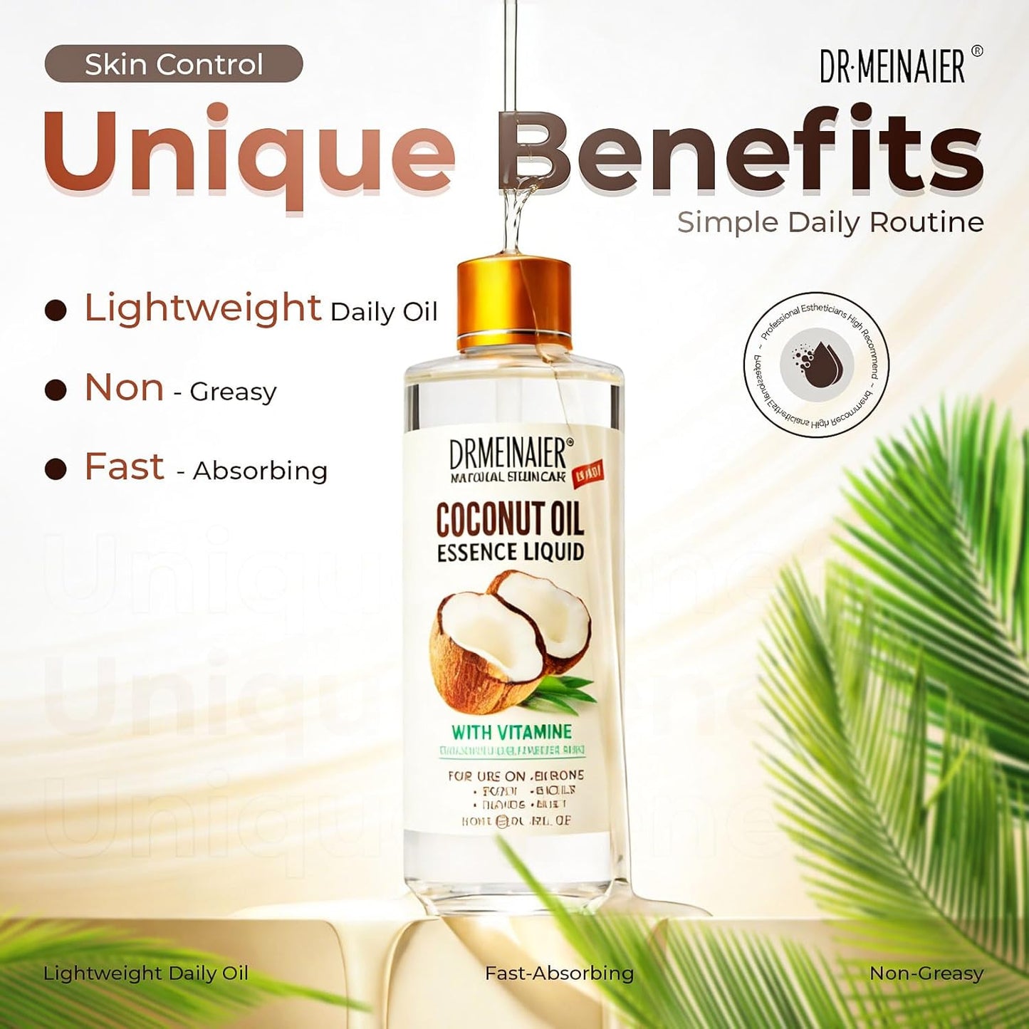 Coconut Organic Fractionated Lightweight Skin Hair Oil Fast-Absorbing Non-Greasy Vitamin E 300ml