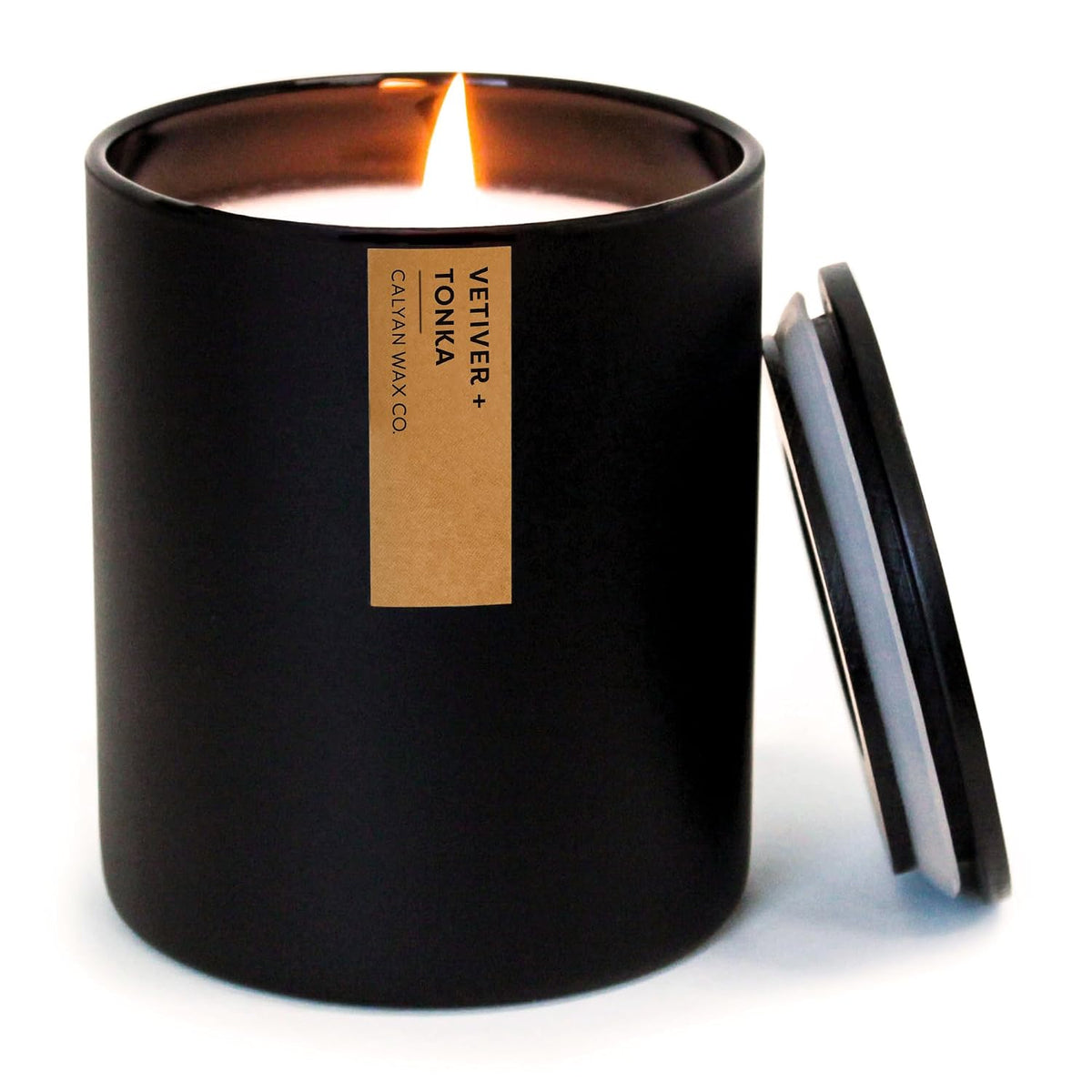 Calyan Wax Co. Vetiver & Tonka Scented Candle - 75 Hour Burn - Luxury Clean Soy Wax Candles - Long Lasting Black Tumbler Jar
