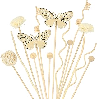 Amabro 15Pcs Natural Rattan Reed Diffuser Sticks Fragrance Oil Diffuser Flower Set Wood Beads Butterfly Replacement for Home Office Aromatherapy Decor