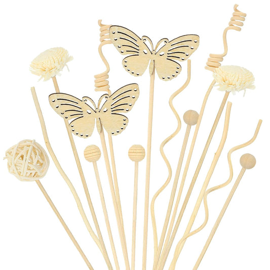 Amabro 15Pcs Natural Rattan Reed Diffuser Sticks Fragrance Oil Diffuser Flower Set Wood Beads Butterfly Replacement for Home