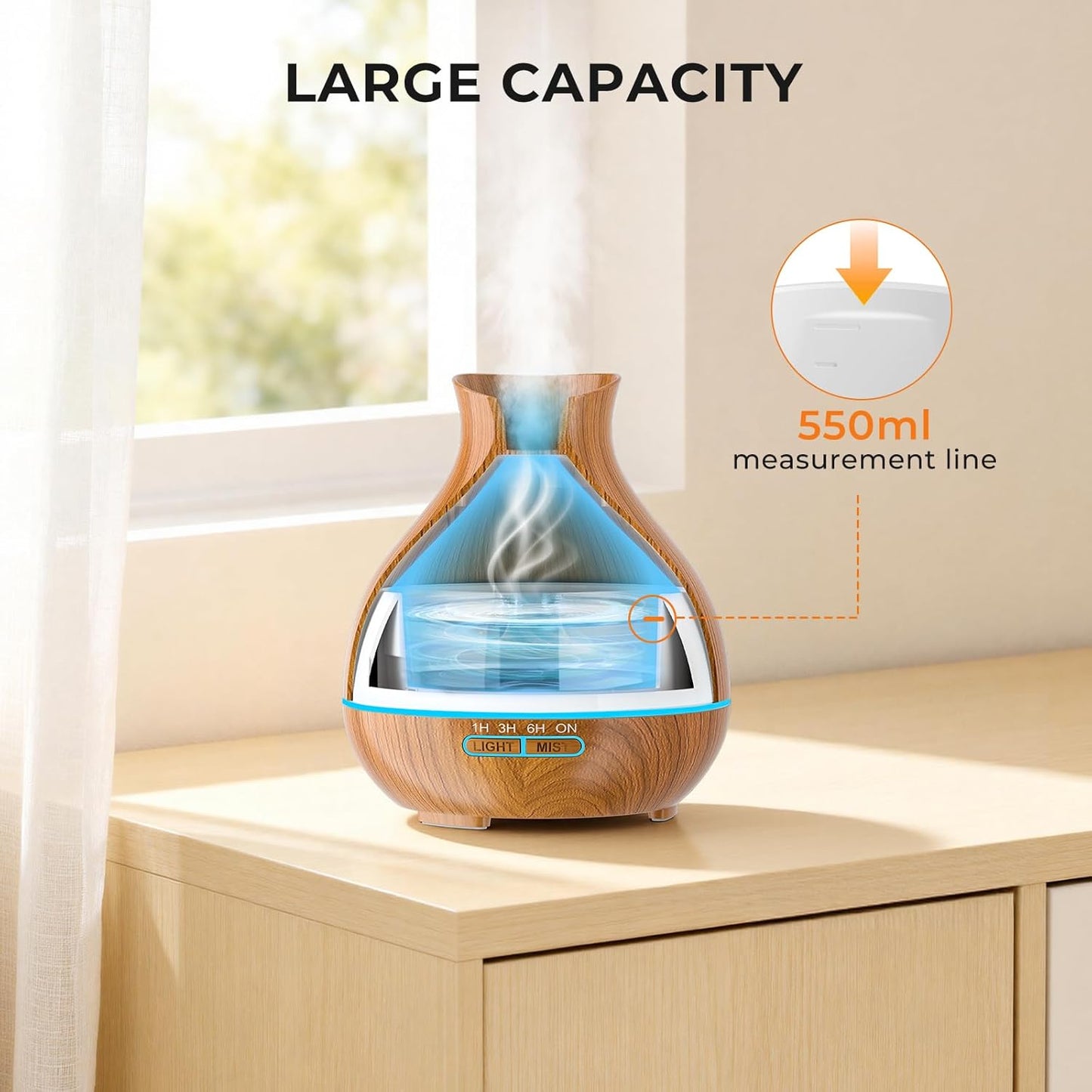 Aromatherapy Essential Oil Diffuser 550ml 12 Hours Wood Grain Aroma Diffuser with Timer Cool Mist Humidifier for Large Room, Home, Baby Bedroom, Waterless Auto Shut-off,7 Colors Lights Changing