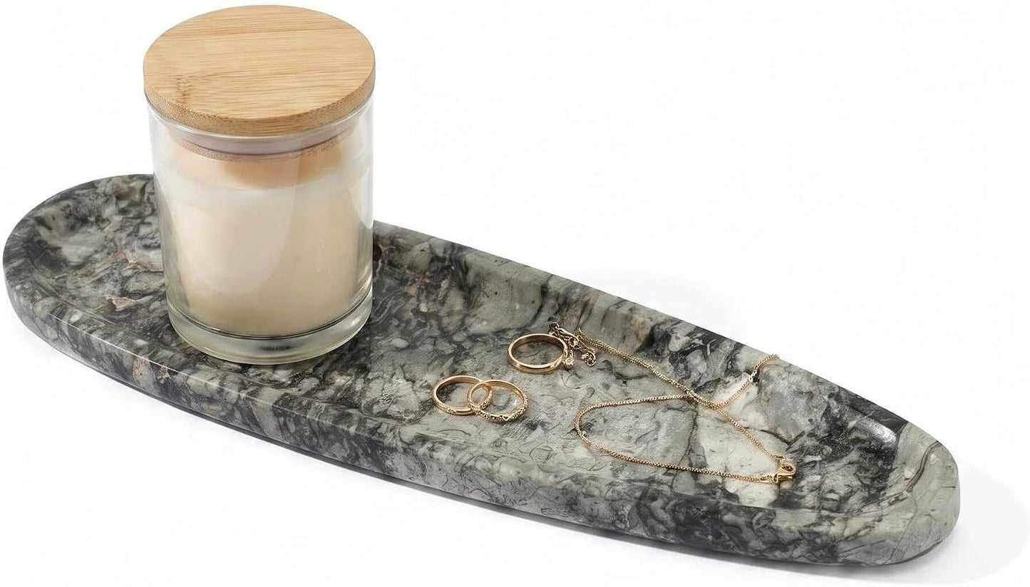Natural Marble Vanity Tray, 16.6"x4.6" Grey Real Stone Decorative Tray for Bathroom Countertop & Home Decor, Catchall Organizer for Jewelry, Candles, Cosmetics & Perfume（Grey）