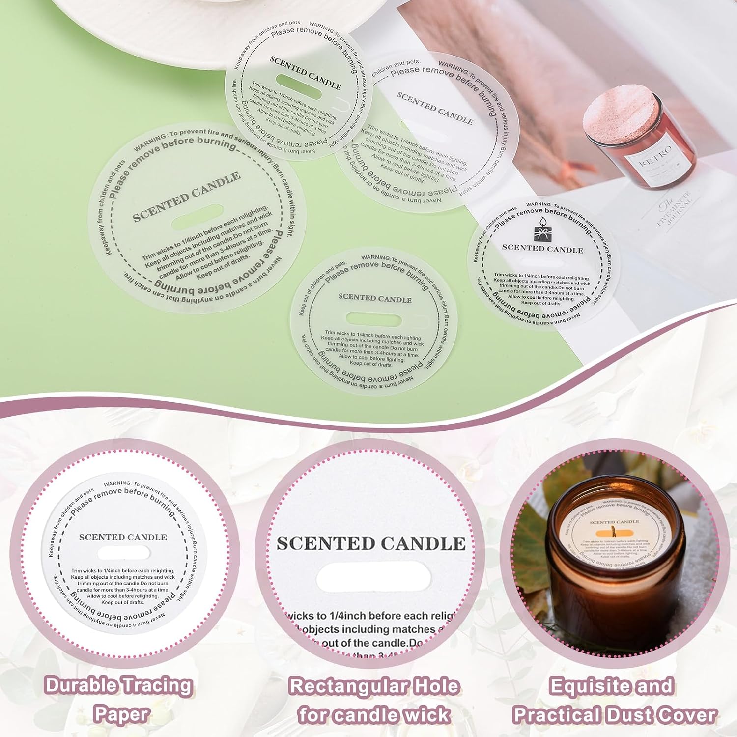MECCANIXITY 60 Pcs Candle Dust Covers, 8cm/3.1" Round Printed Translucent Candles Drip Protectors Lid Accessories Letter Pattern for Craft Fragrance Making Jars Boxes Packaging