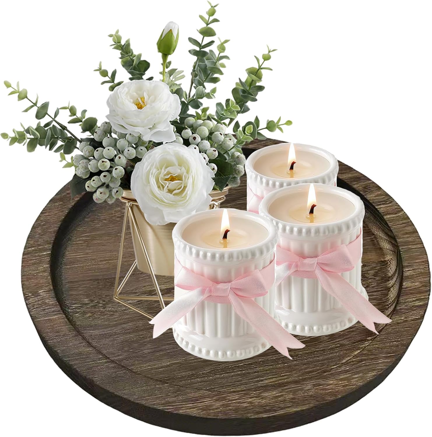 Candle Plate Holder Tray: Round Wooden Decorative Candle Plate Small Farmhouse Table Centerpiece Rustic White Wood Tealight Pillar Trays for Home Decor (Distressed)