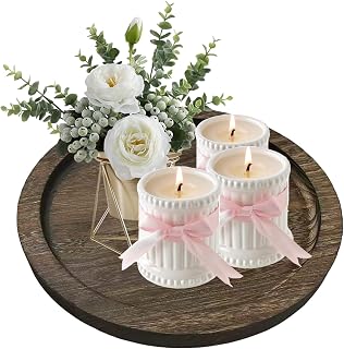 Candle Plate Holder Tray: Round Wooden Decorative Candle Plate Small Farmhouse Table Centerpiece Rustic White Wood Tealight Pillar Trays for Home Decor (Distressed)