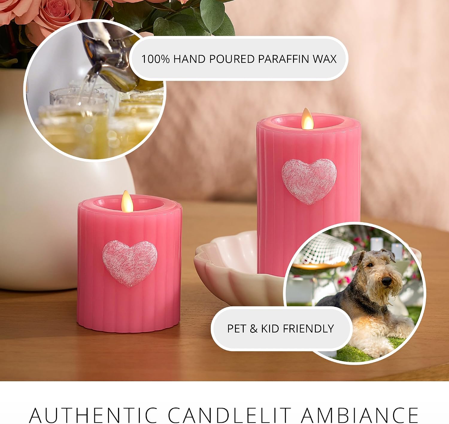 Luminara Flickering Flameless 3.7" x 4.5" Pillar Candle, Battery Operated Remote Ready (Sold Separately) & Timer Function, LED Light, Ribbed Real Pink Wax w/Embossed Heart Design for Valentine's Day