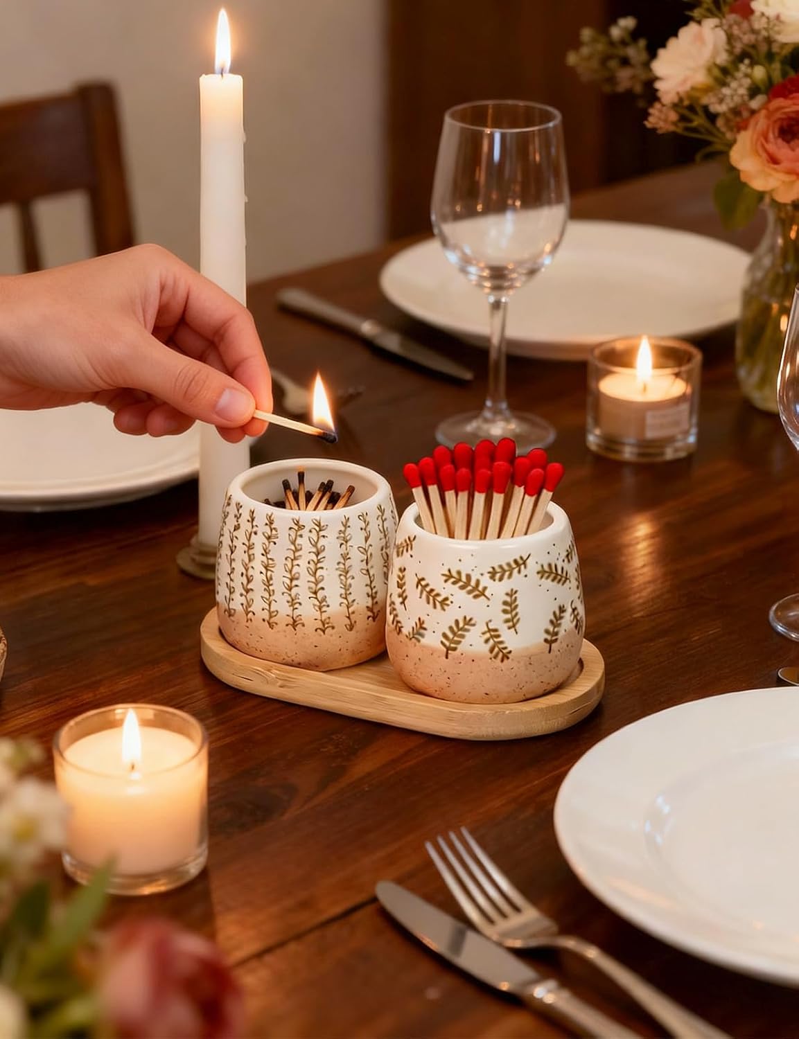 Set of 2 Hand-Drawn Botanical Ceramic Match Holders with Striker – Scandinavian Line Art Fern & Vine Pattern, Mini Matchstick Jar for Kitchen Bathroom Candle Decor, Matches NOT Included