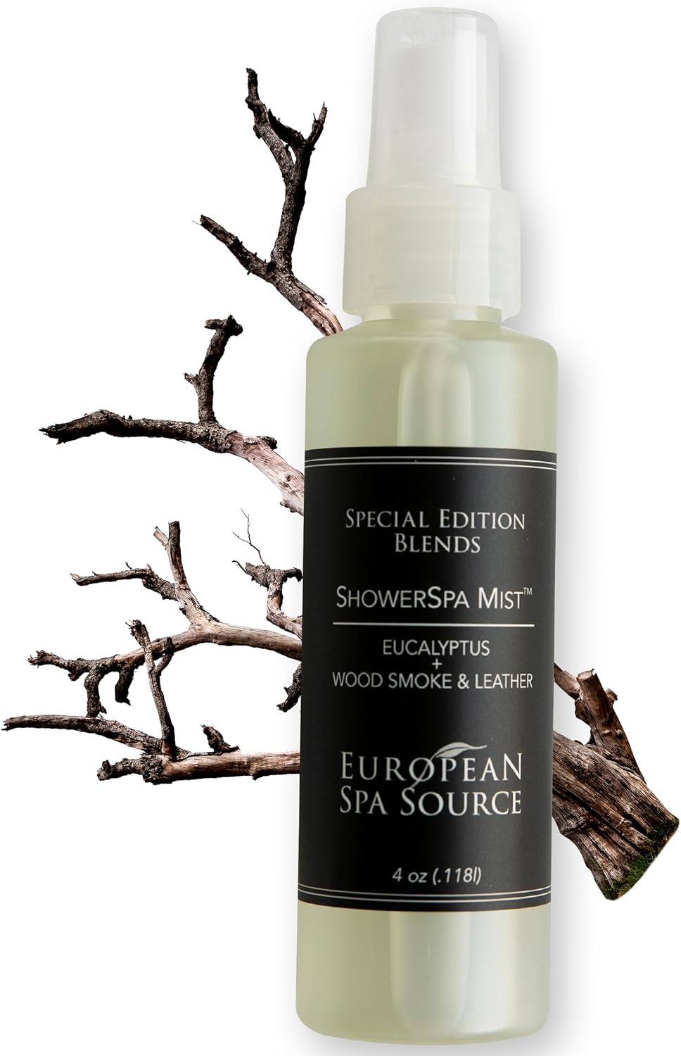 European Spa Source Special Edition - Eucalyptus, Wood Smoke + Leather ShowerSpa Mist Spray for Aromatherapy, At Home Spa Experience, Sinus Congestion Relief, and Tension Relief, 4 fl oz.