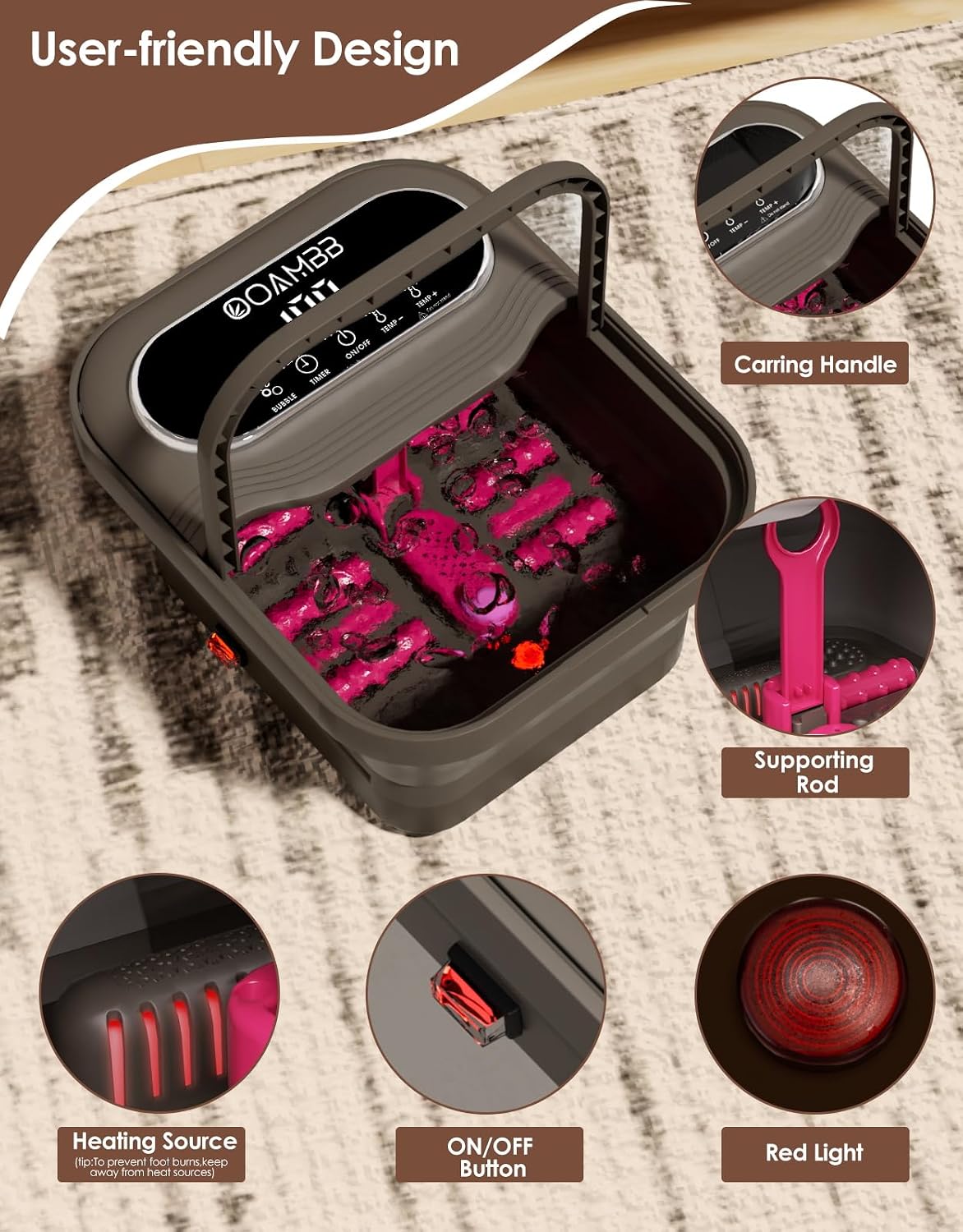 OOAMBB Collapsible Foot Spa with Heat, Bubble and Temp Control, Foot Bath Massager with XL Touch Screen and Massage Rollers, Foot Soaking Tub, Pedicure Foot spa for Stress Relief (Dark Grey +Green)