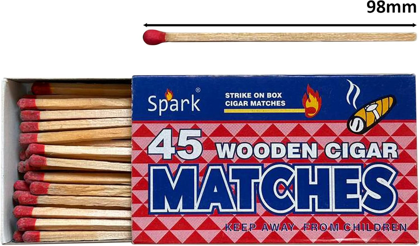 Spark 2-Pack Cigar Matches – 90 Wooden Sticks (45 per Box) – 98mm Long Safety Matchsticks for Cigars, BBQ & Home Use