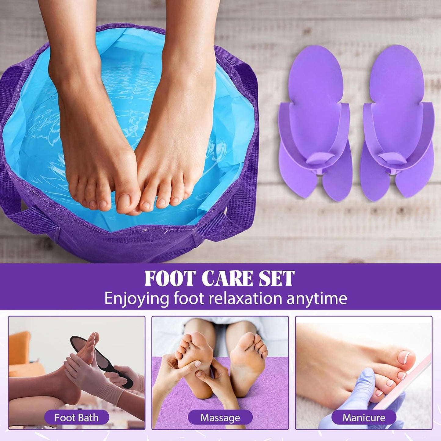 FillTouch 6 Sets Foldable Foot Bath Kit 15L Collapsible Foot Soaking Tub Bathroom Towels Women Adult Foldable Slippers with Storage Bag Spa Soak Pedicure Bath for Travel Camping (Purple)
